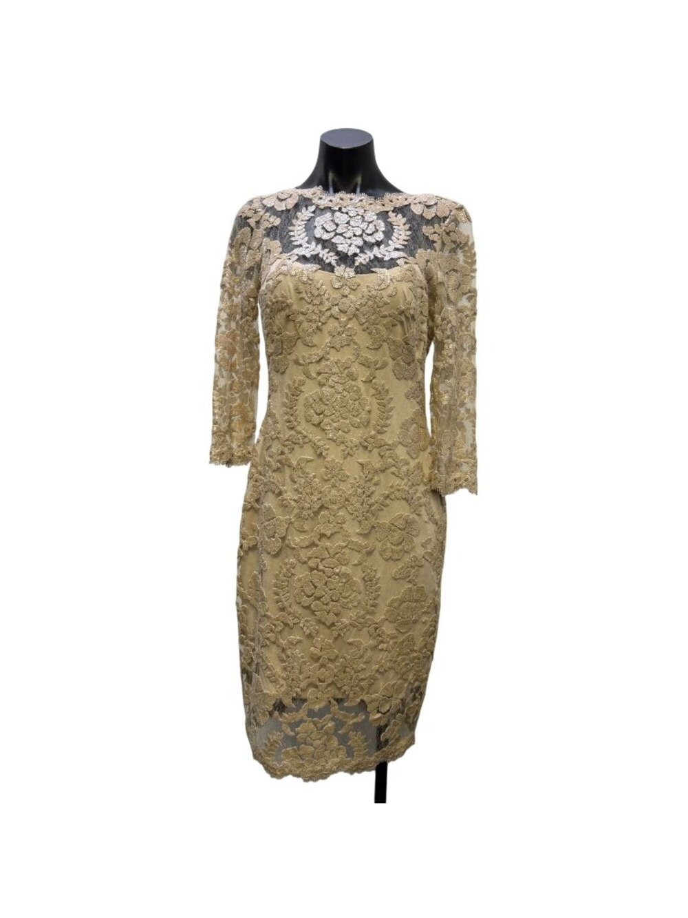 Tadashi Shoji Cream Lace Sequin Sheath Dress 3/4 Sleeve Size 8